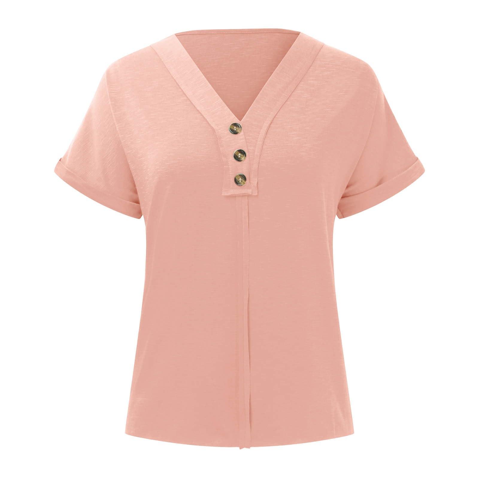SOOITYUS Women Summer Tops Spring Fashion Button Down Shirts Short Sleeve Tshirts Casual T Shirts V Neck Clothes Rose Gold
