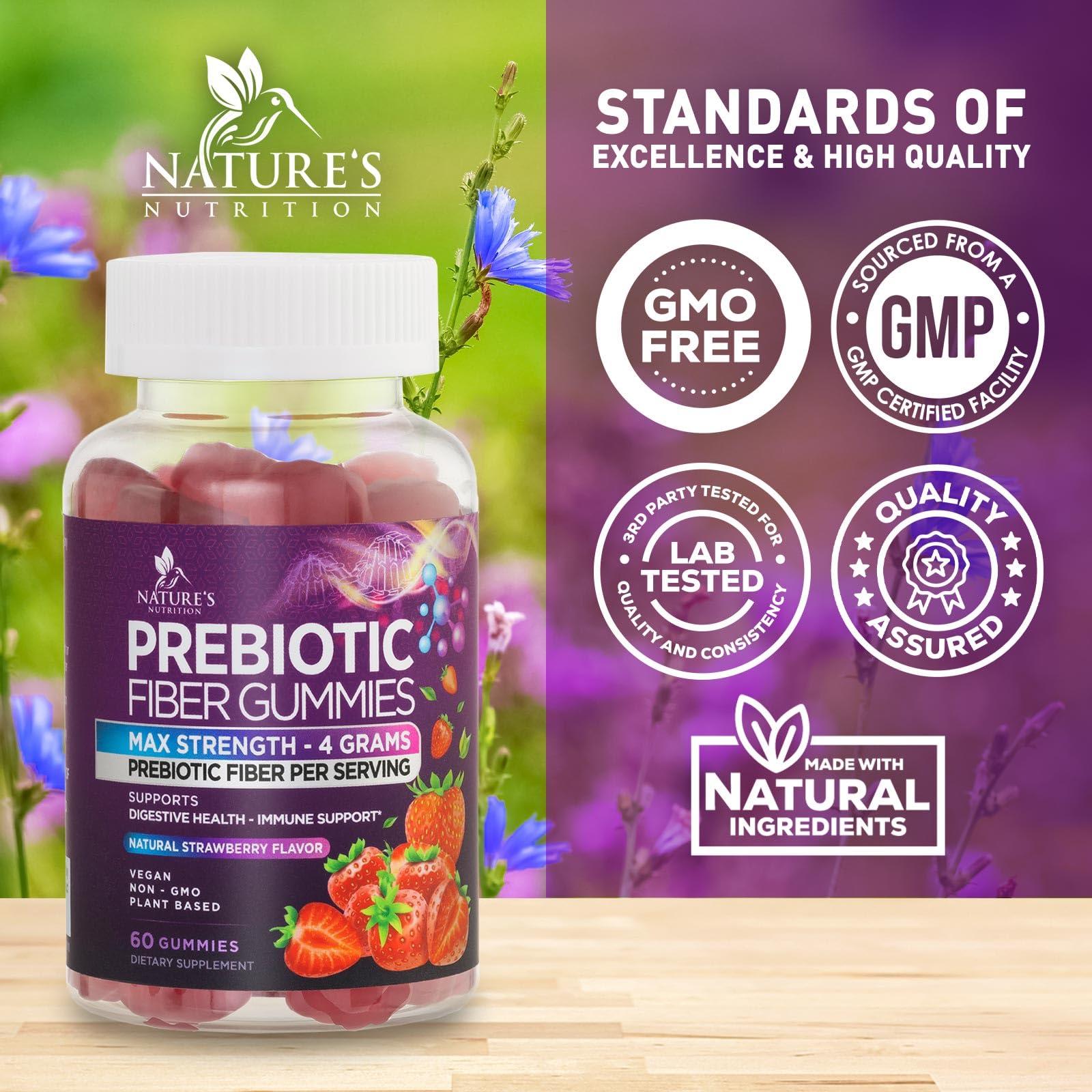 Nature's Nutrition Fiber Gummies for Adults, Daily 4g Gummy Fiber Supplement, Prebiotic Digestive Health Support - Plant Based Soluble Fiber, Supports Regularity & Digestion for Adults Non-GMO - 60 Gummies
