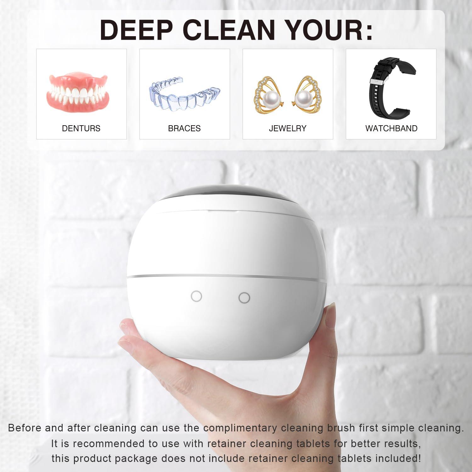 AMDISI Ultrasonic Retainer Cleaner Cleaning Machine, 44kHz Jewelry Clean Pod 250ML Portable Ultra Sonic Retainer Cleaner for Mouth Guard Denture (Pure White