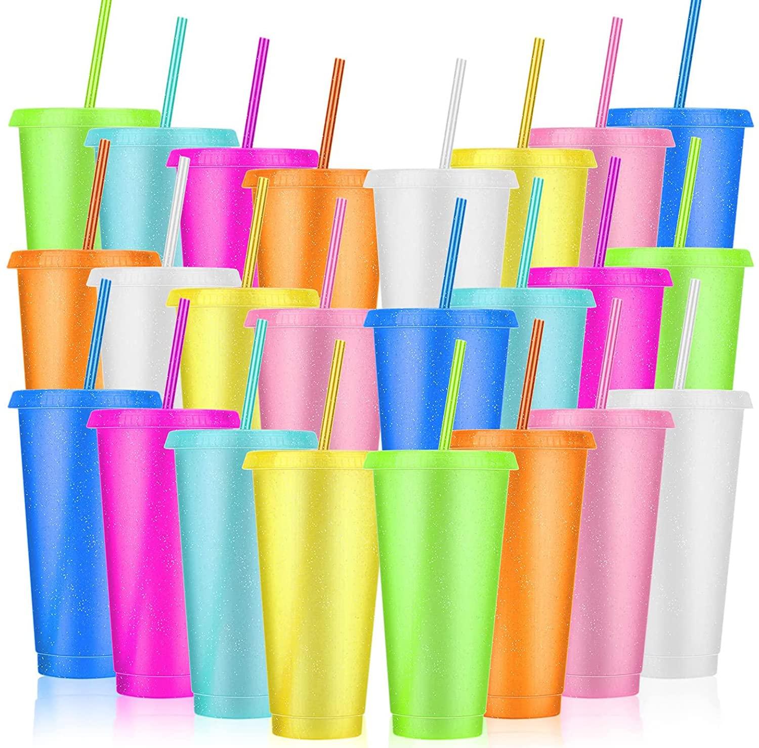 LEIFEOSH 24 Pack Plastic Tumblers with Lids and Straws, Reusable Cups with Lids Plastic Colorful Cups for Parties Birthdays, Iced Coffee Cup Travel Mug Cold Drink Cups Bulk Tumblers (24 oz, Light Colors)