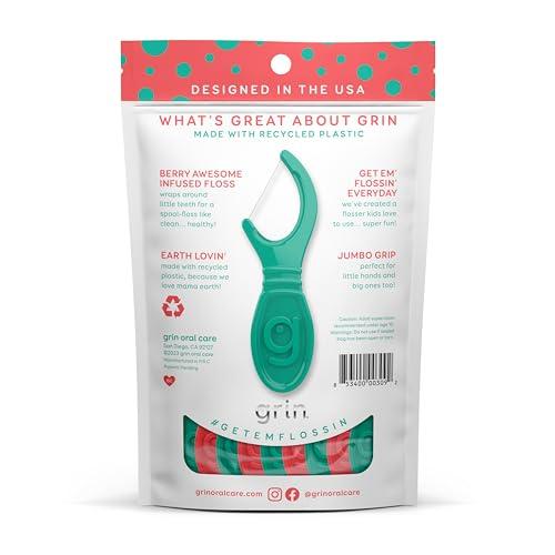 Grin GRIN Kiddo Flossers, Berry Awesome Flavor, Recycled Plastic, Jumbo Grip, Get Your KIDDOS Flossin Early, Larger Floss Head, Child Safe! 80 Count, Floss Picks, Dental Flossers (Pack of 2)