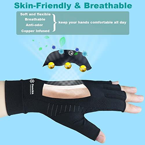 Semikk 2 Pairs Compression Gloves for Women and Men – Copper Arthritis Gloves for Rheumatoid Arthritis Osteoarthritis Carpal Tunnel – Hand Pain Relief and Support – Open Finger (Black, X-Large (2 Pair))