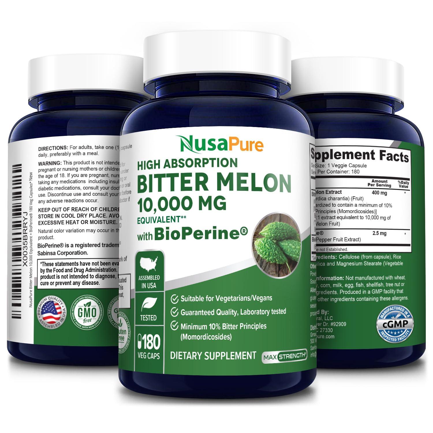 NusaPure NusaPure Bitter Melon Extract 10,000 mg 180 Vegan Caps (100% Vegetarian, Non-GMO, Gluten-Free, 10% Bitter Principles) Bioperine