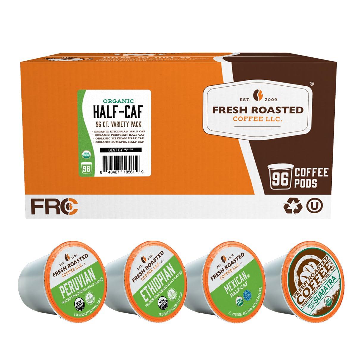 Fresh Roasted Coffee Fresh Roasted Coffee, Organic Half-Caf Variety Pack 96 Pods for K Cup Brewers