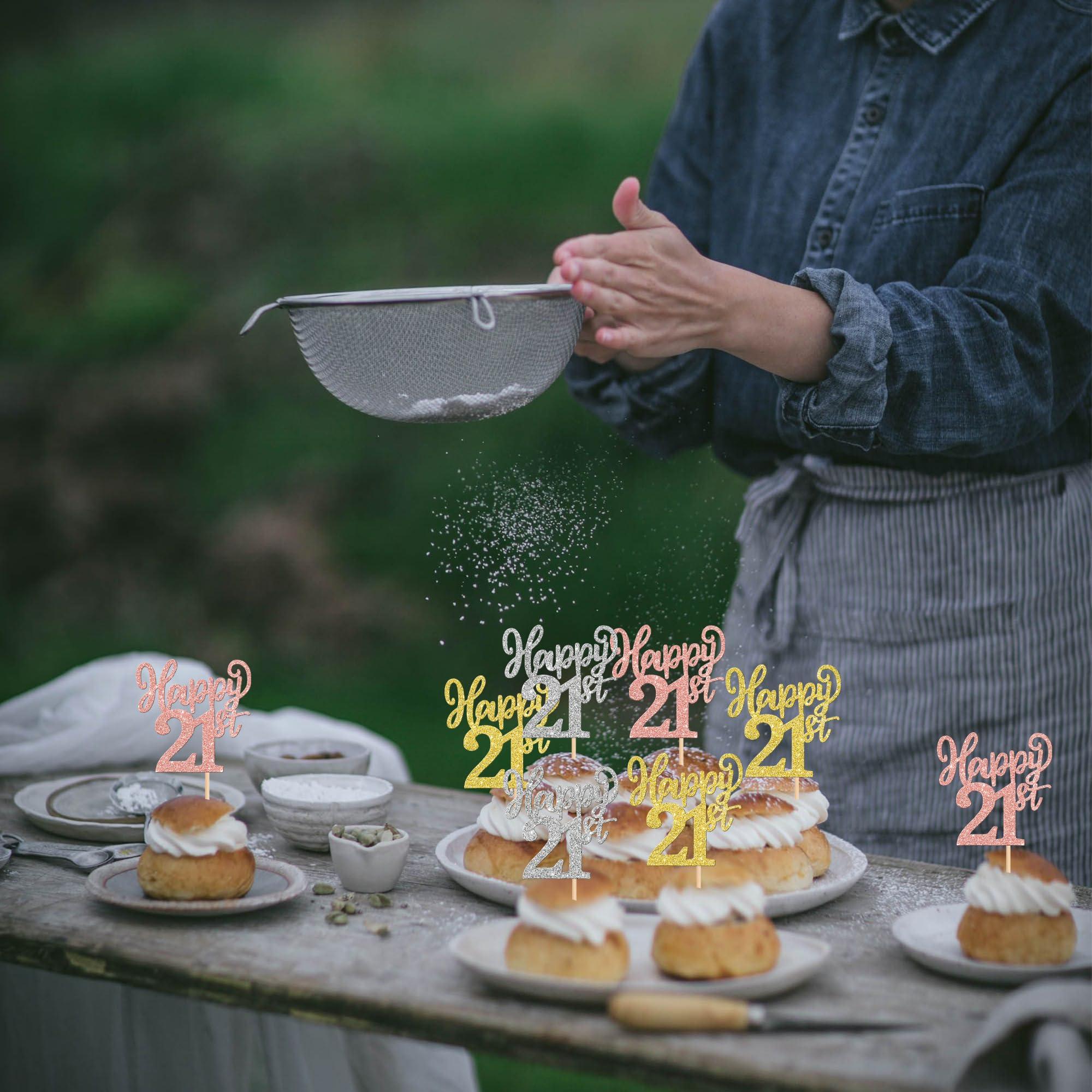 ZHUOWEISM 24PCS Happy 21st Cupcake Toppers Gold Rose Gold Silver Glitter Twenty One Cheers to 21 Years Number 21 Birthday Cupcake Picks for Happy 21st Birthday Wedding Anniversary Party Cake Decorations