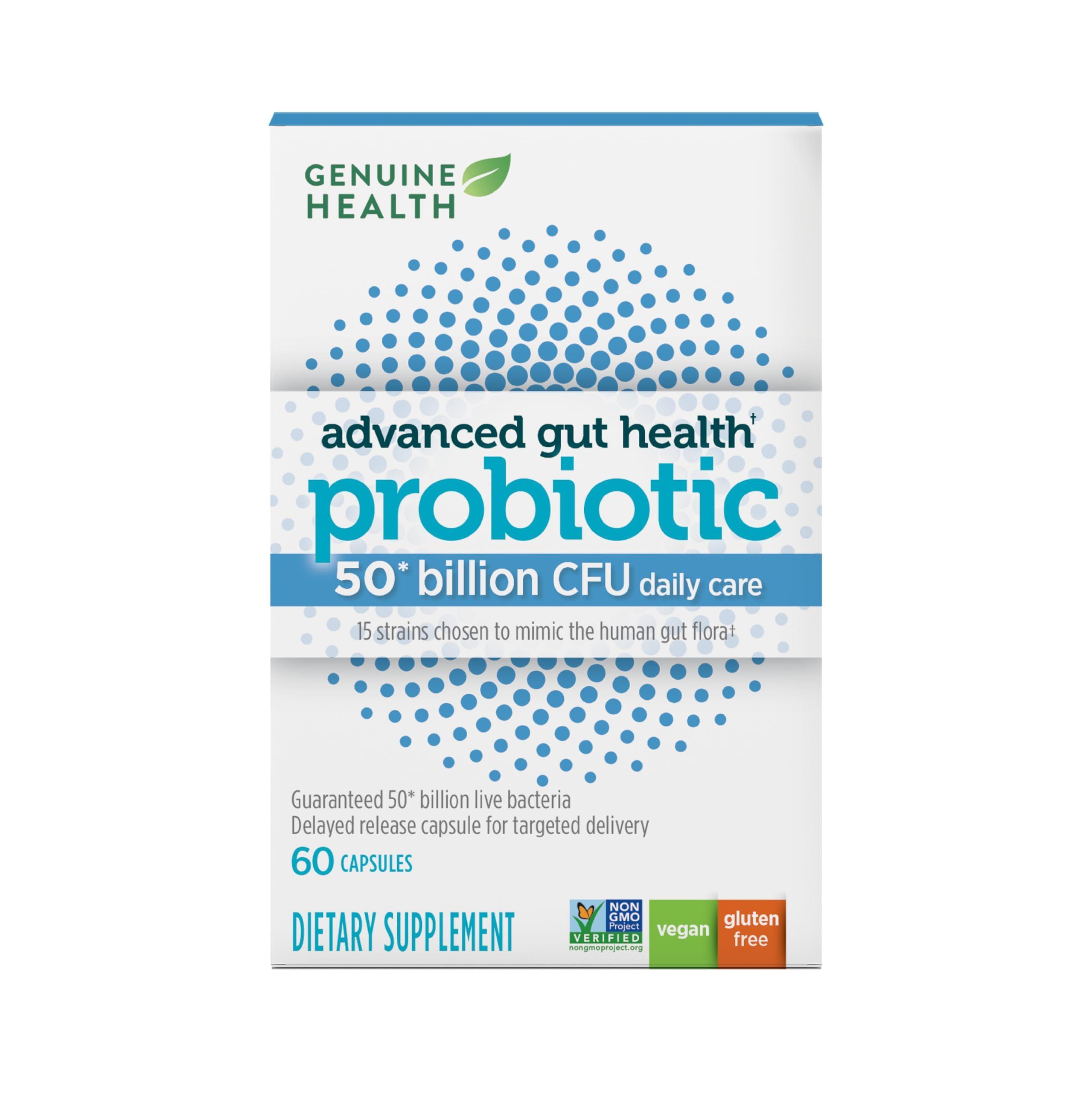 Genuine Health Genuine Health Probiotics, 50 Billion CFU, Daily Care, 15 Diverse Strains, Soy Free, Gluten Free, Vegan Delayed-Release Capsules for Advanced Gut Health (60 count)