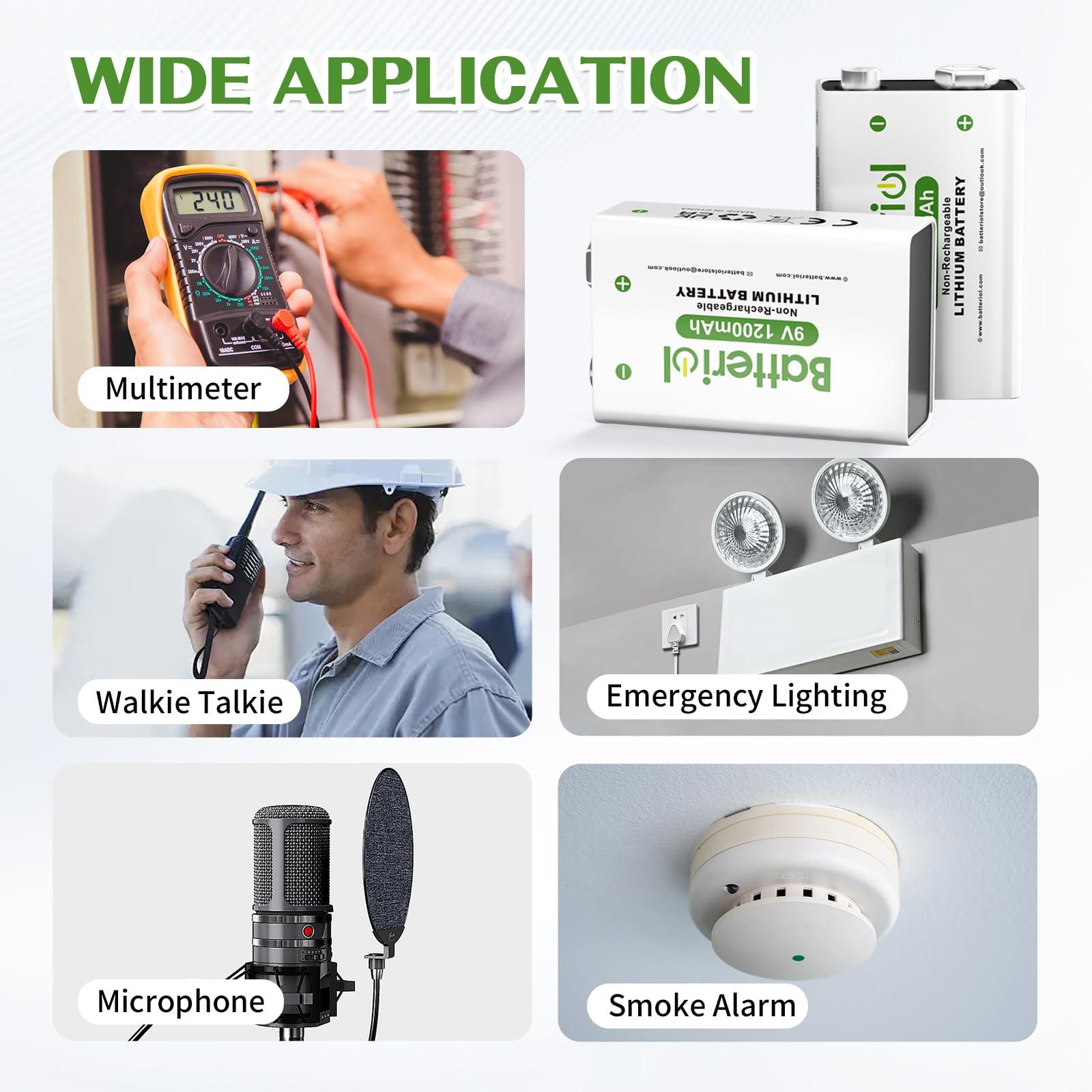 Batteriol Batteriol 9V Lithium Batteries, 1200mAh Lithium 9 Volt Batteries, 10 Year Shelf Life, Long-Lasting Power for Smoke Detector, Microphone and Walkie Talkie, 4 Pack