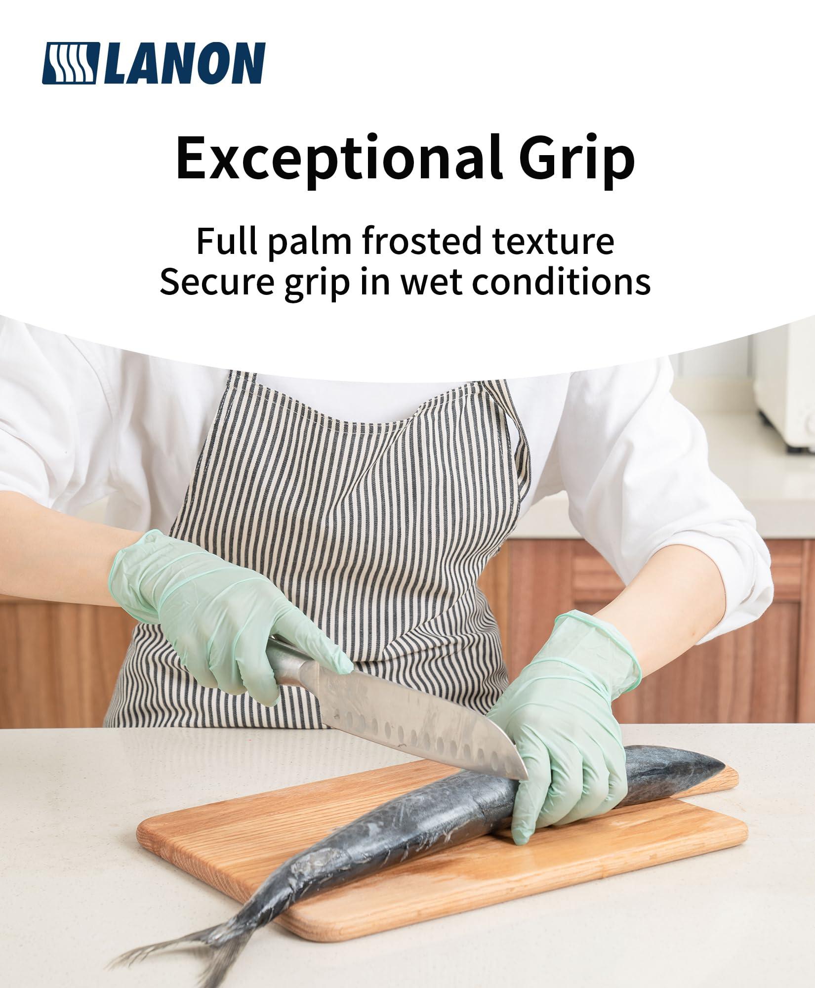 LANON Protection LANON 5 mil Vitamin-E Coated Latex Disposable Gloves, Food-Contact Grade, Fully Textured, Green, Large