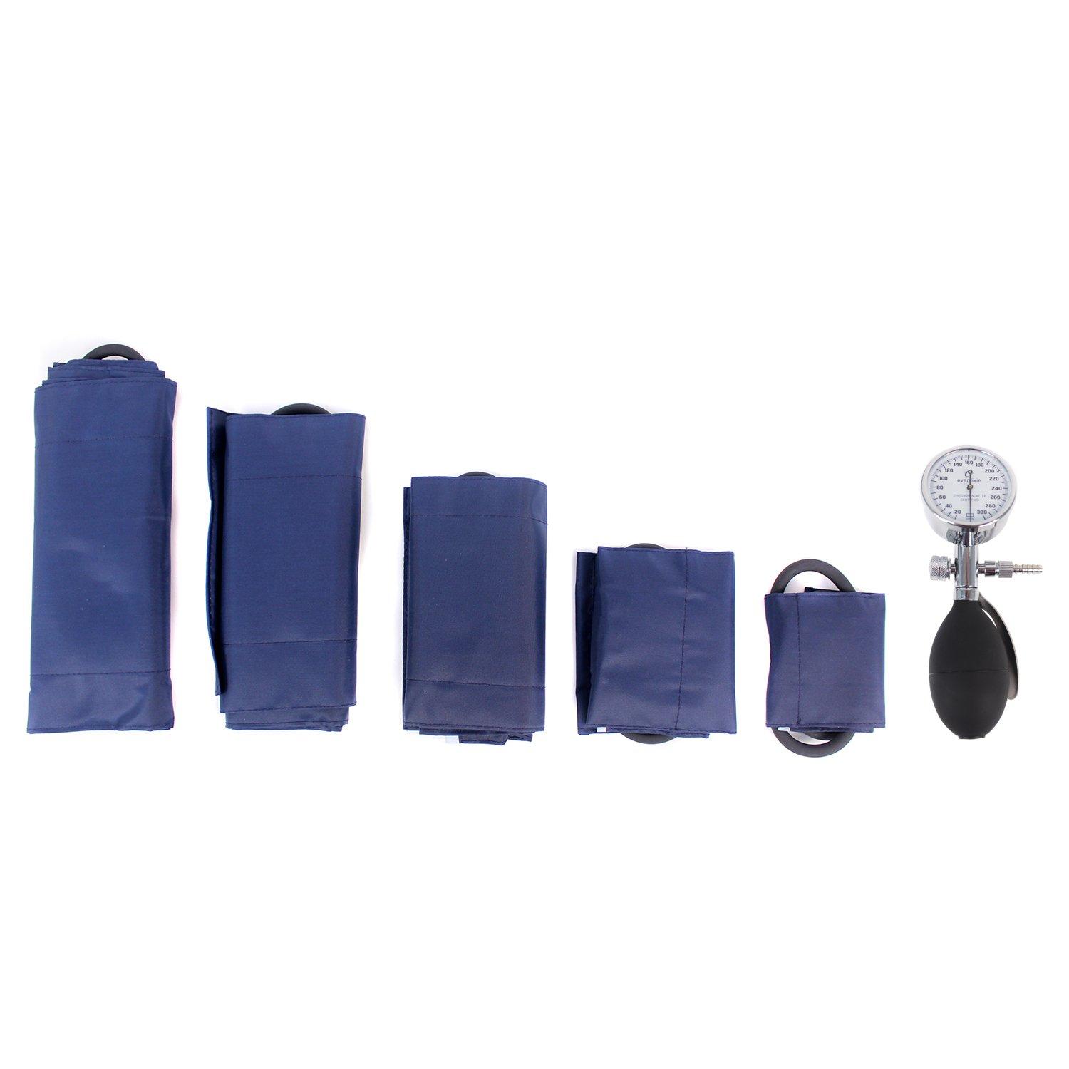 Dixie EMS Dixie EMS Aneroid Sphygmomanometer Kit, Manual Blood Pressure Monitor Set with 5 Cuffs for Infant, Child, Adult, Large Adult, Thigh, & Carrying Case – Blue