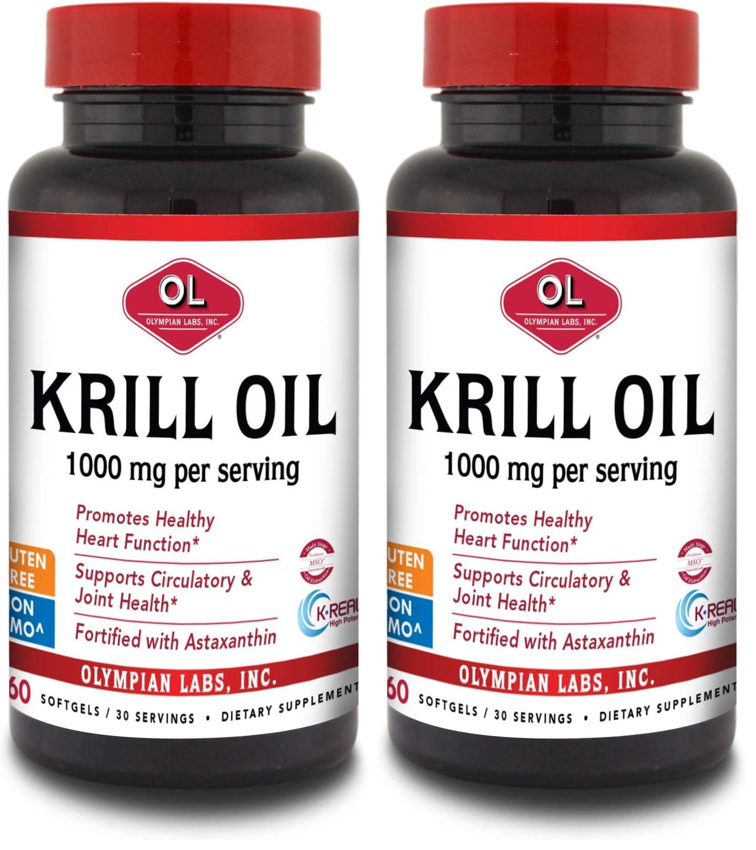 Olympian Labs Olympian Labs Antarctic Krill Oil, 1000mg Caps with Astaxanthin, Omega-3, EPA, DHA, Immune, Joint & Brain Support, 60 Softgels (Pack of 2)