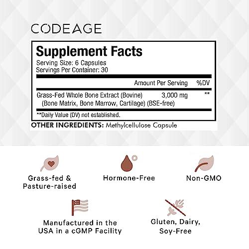 Codeage Codeage Grass Fed Bone Marrow Supplement - Freeze Dried, Non-Defatted, & Desiccated Beef Bone Marrow Pills - Raw Whole Bone Marrow, Bone Matrix, Cartilage - 3000mg per Serving - 180 Capsules
