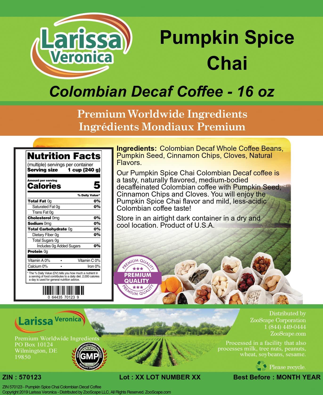Larissa Veronica Pumpkin Spice Chai Colombian Decaf Coffee (Gourmet, Naturally Flavored, Whole Coffee Beans) (16 oz, ZIN: 570123) - 2 Pack