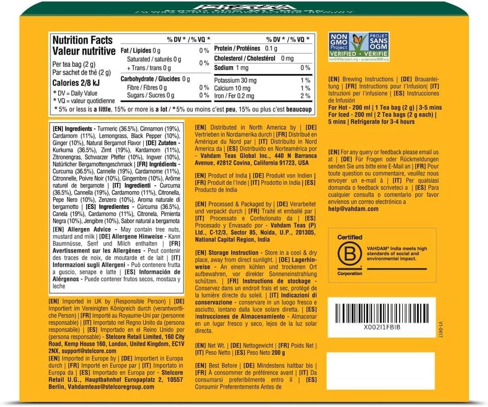 VAHDAM VAHDAM, Turmeric Spice Herbal Tea Bags (100 Pyramid Tea Bags) | Caffeine Free, Non GMO & Gluten Free | Turmeric Ginger Tisane with Cardamom, Cinnamon, Lemongrass & Black Pepper