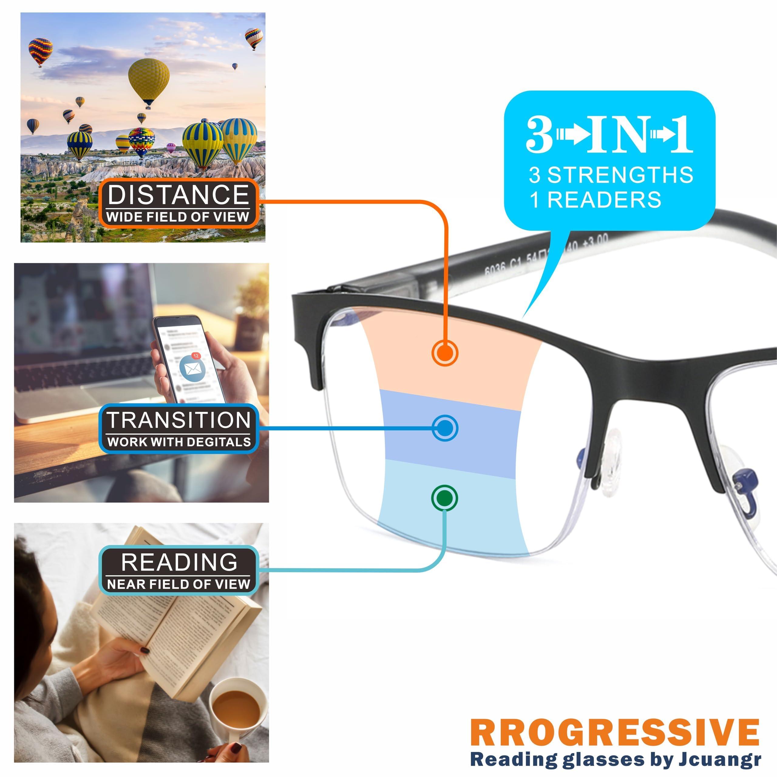 JCUANGR Bifocal Reading Glasses for Men, No Line Bifocals Progressive MultiFocus Readers, Wide Clear Top Transition Non Prescription Multifocal Eyeglasses,Large Anti Blue Light Multi focals Half Frame +1.0