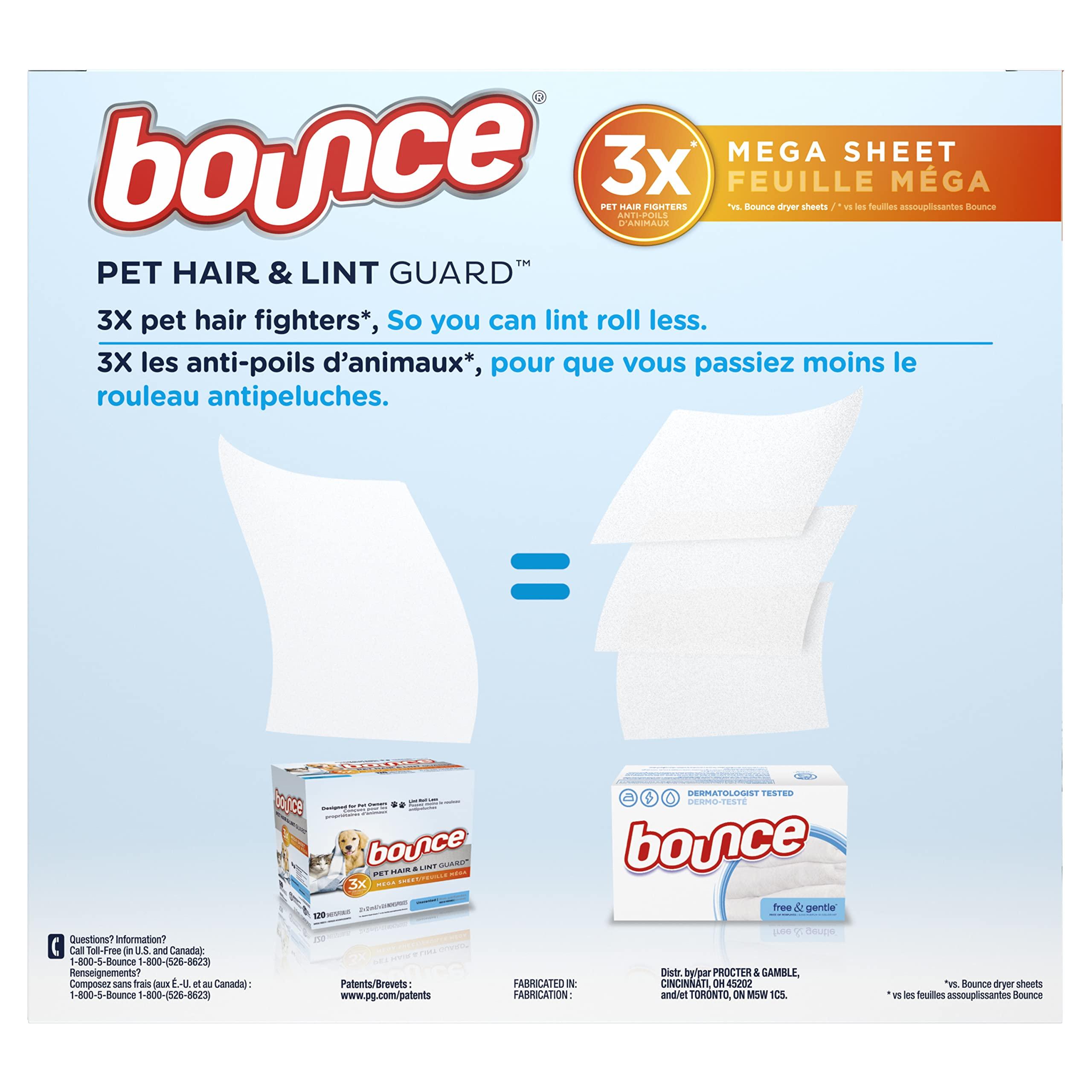 Bounce Bounce Pet Hair and Lint Guard Mega Fabric Softener Dryer Sheets with 3X Pet Hair Fighters, Unscented, 150 Count