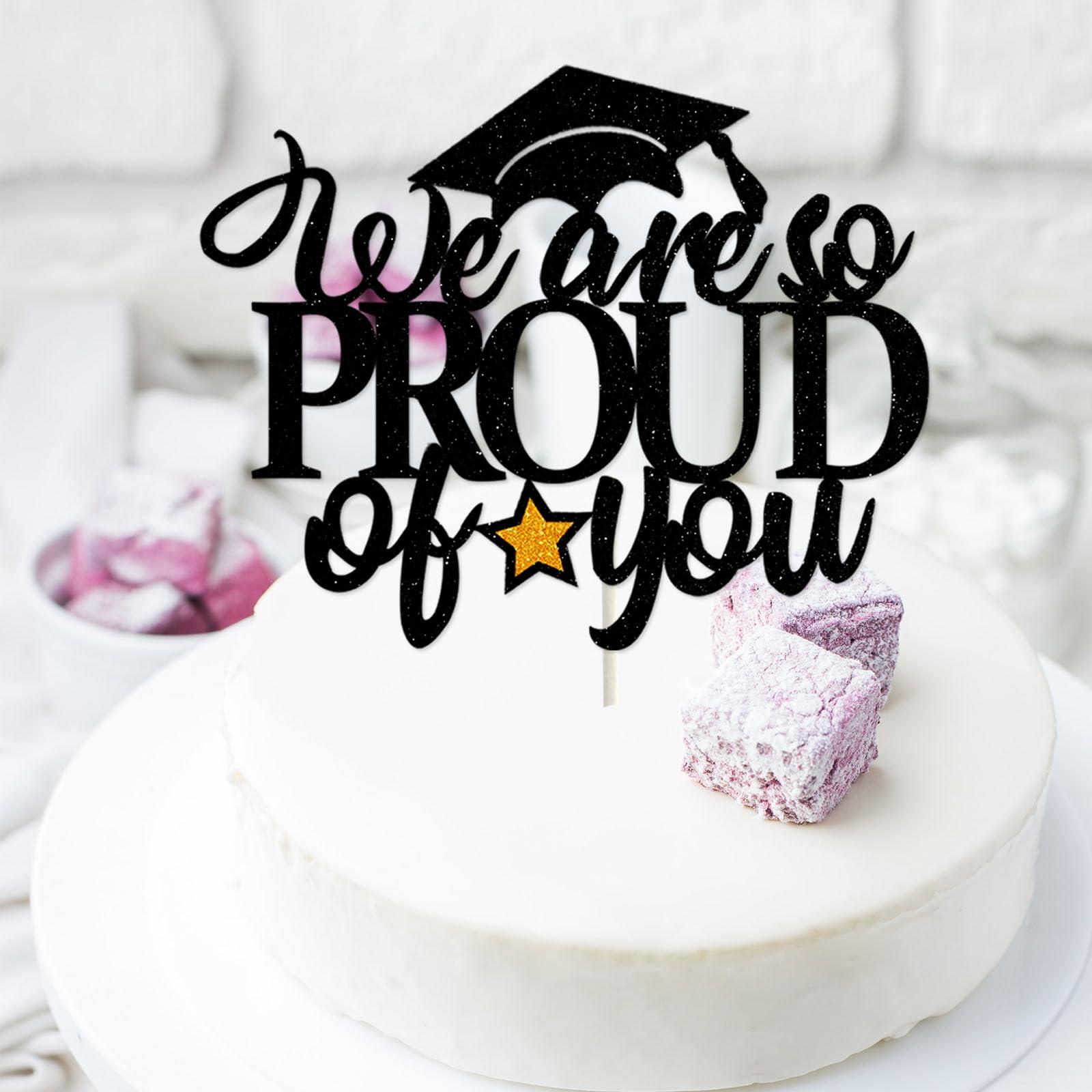HokiiS We Are So Proud of You Cake Topper, Black Glitter Graduation Cake Pick with Gold Glitter Star for 2024 Congratulations Graduation Party Cake Decorations Supplies