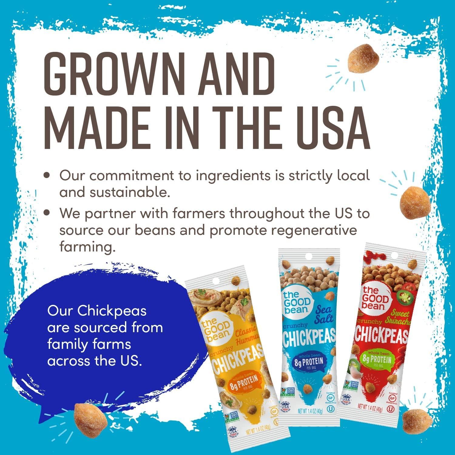 The Good Bean The Good Bean Crunchy Chickpeas - Variety Pack - (10 Pack) 1.4 oz Packet - Sweet Sriracha, Sea Salt, and Classic Hummus Roasted Chickpea Beans - Vegan Snack with Good Source of Plant Protein and Fiber