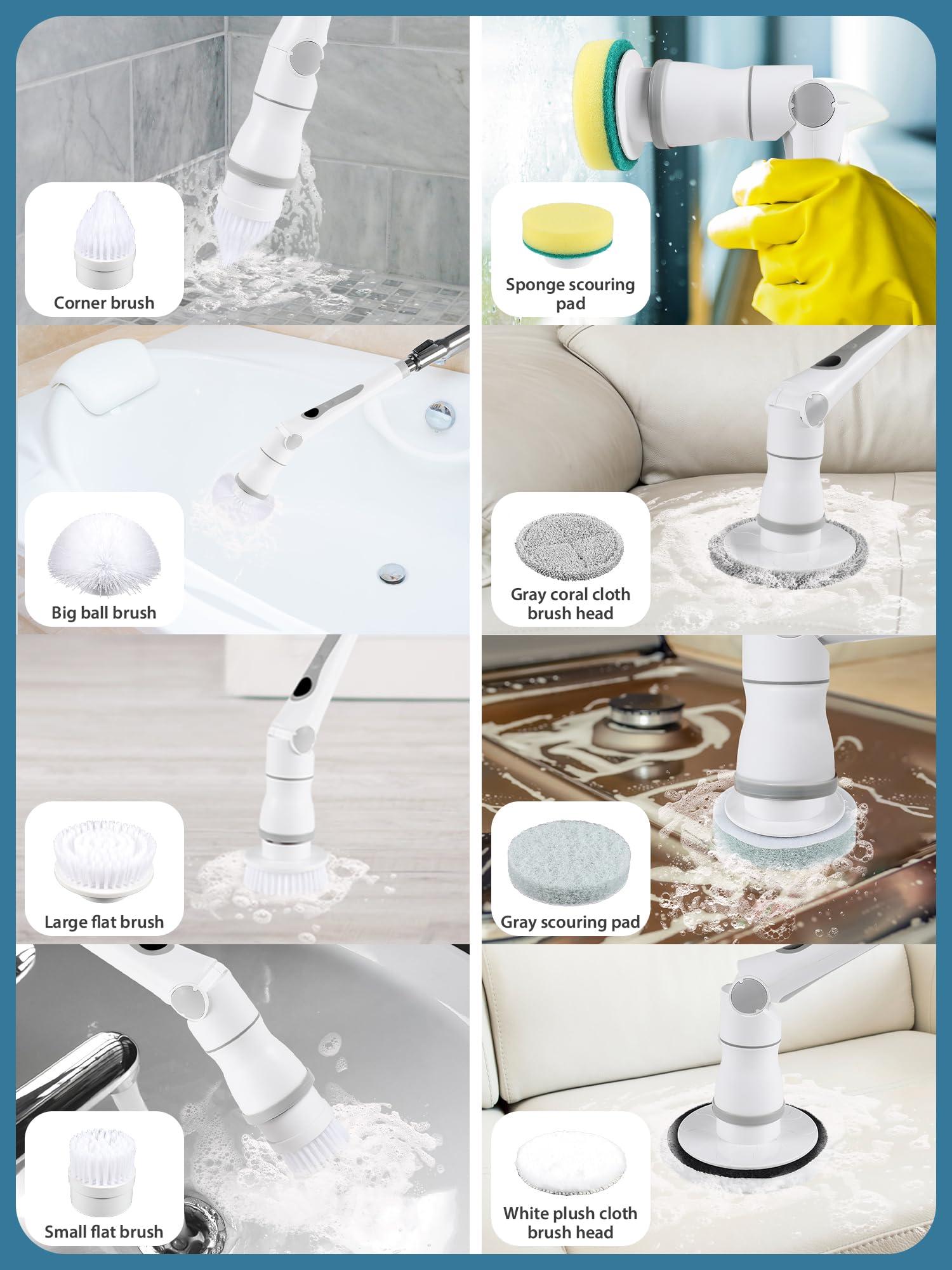 CONERX CONERX Cordless Cleaning Brush with 8 Replaceable Brush Heads, for Bathroom Floor Tile Window 3 Adjustable Speeds Adjustable Extension Handle