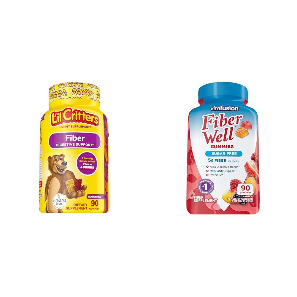 Lil Critters Lil Critters Fiber Daily Gummy Supplement for Kids, for Digestive Support & Vitafusion Fiber Well Sugar Free Fiber Supplement, Peach, Strawberry and BlackBerry Flavored Supplements, 90 Count