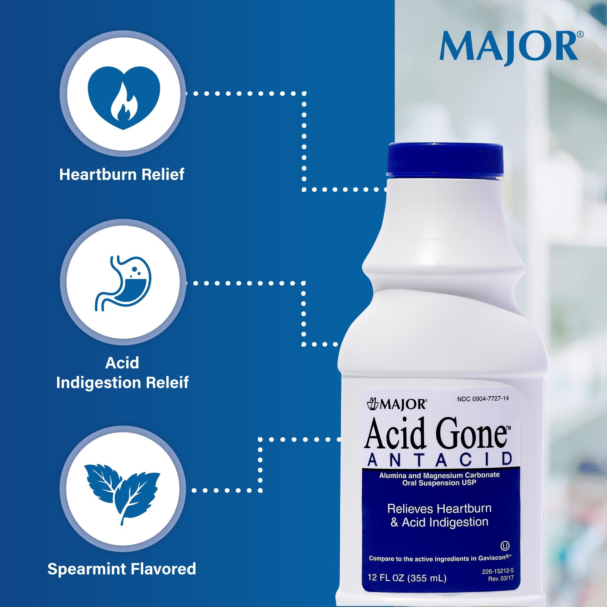 MAJOR MAJOR Acid Gone Antacid Liquid - Acid Reflux Medicine for Adults - Upset Stomach, Acid Indigestion, and Heartburn Relief - Spearmint Flavored - 12 Fl. Oz. (4 Pack)