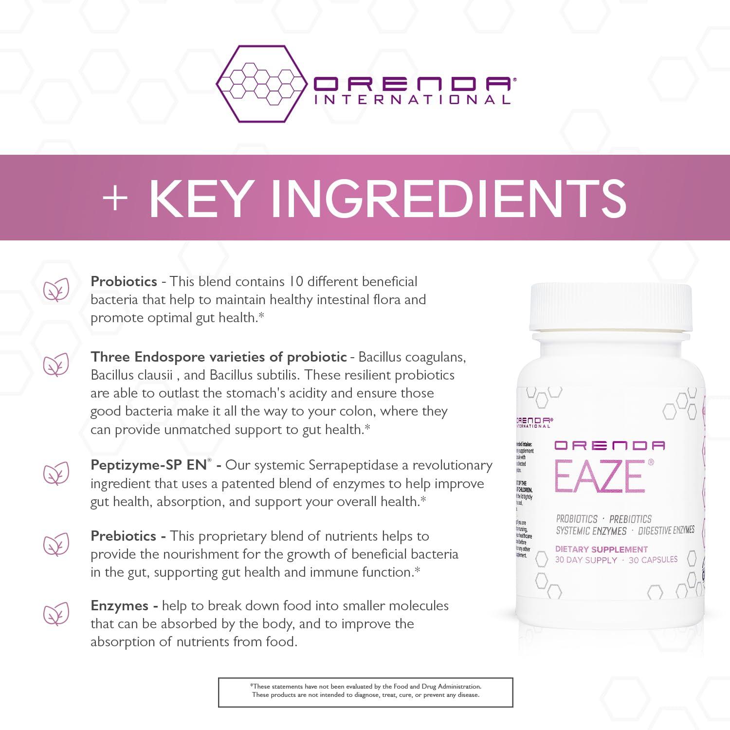 Orenda International Orenda Eaze: Gut Wellness Capsules | 6-in-1 Digestive Support with Probiotics, Endospores, Peptizyme-SP EN, Prebiotics, and Digestive Enzymes - Elevate Your Gut Health Today - 30 Capsules
