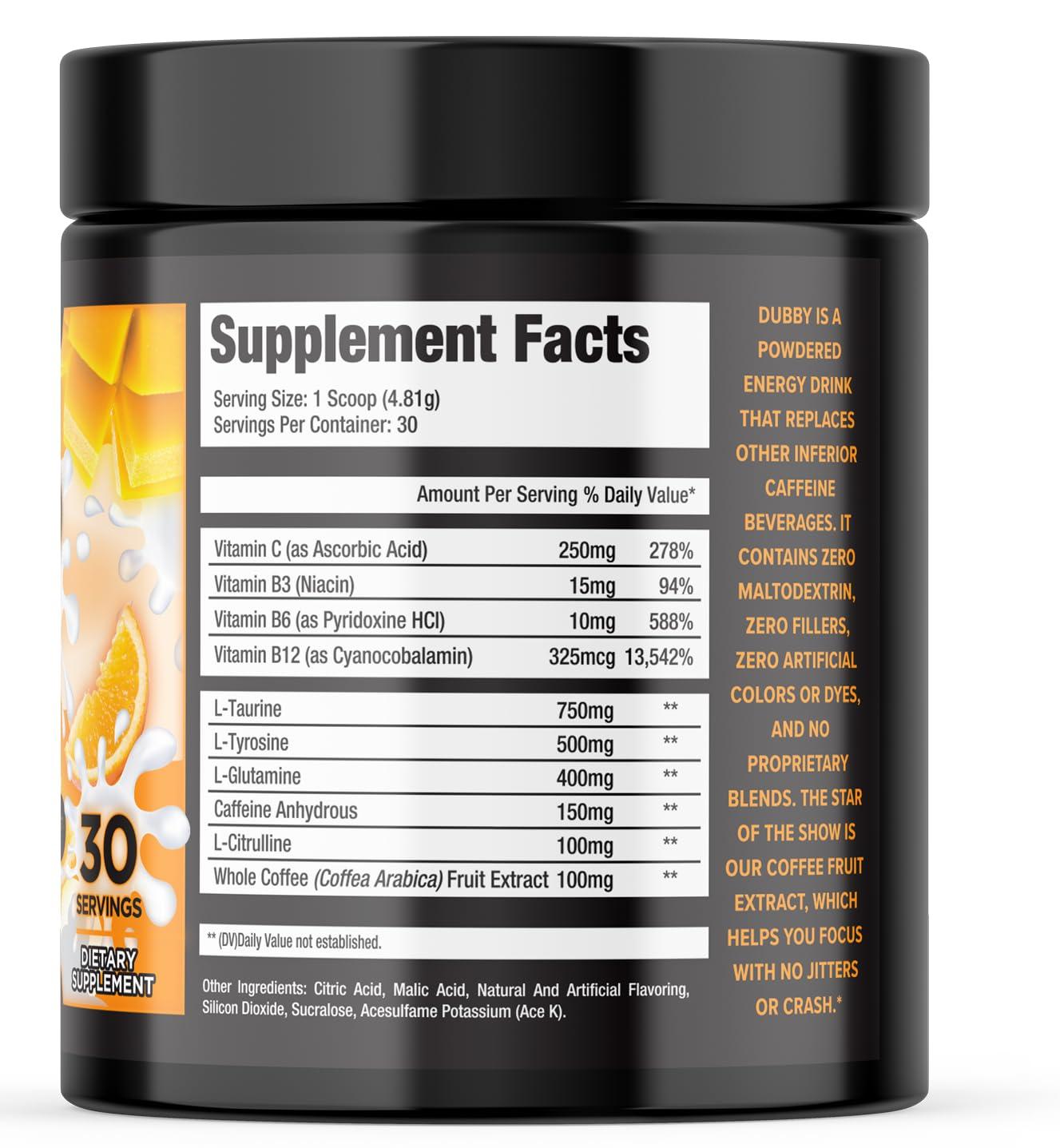 Dubby Dubby - Gamer Energy Drink Powder for Gaming - Sugar Free Energy Drinks, Nootropics Jitter-Free Natural Energy Powder, Mango Orange Cream Flavor, 30 Serving, 5.61 Ounces (Cali Cream)