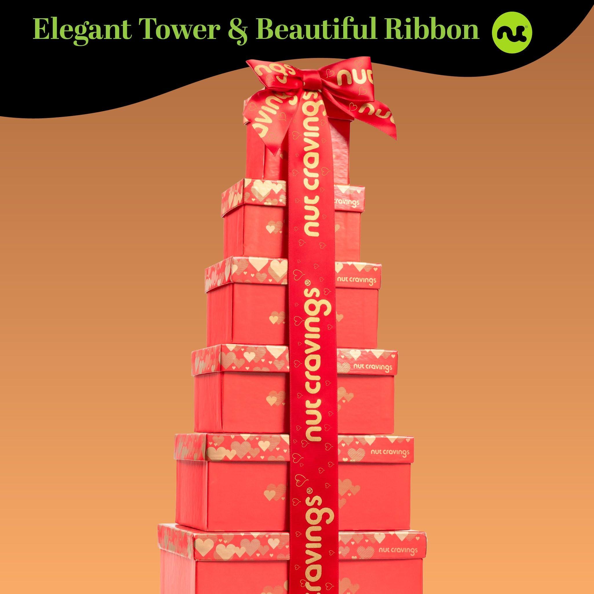 Nut Cravings NUT CRAVINGS Gourmet Collection - Valentines Day Dried Fruit & Mixed Nuts Gift Basket Red Tower + Heart Ribbon (12 Assortments) Galentines Arrangement Platter, Healthy Kosher USA Made Corporate