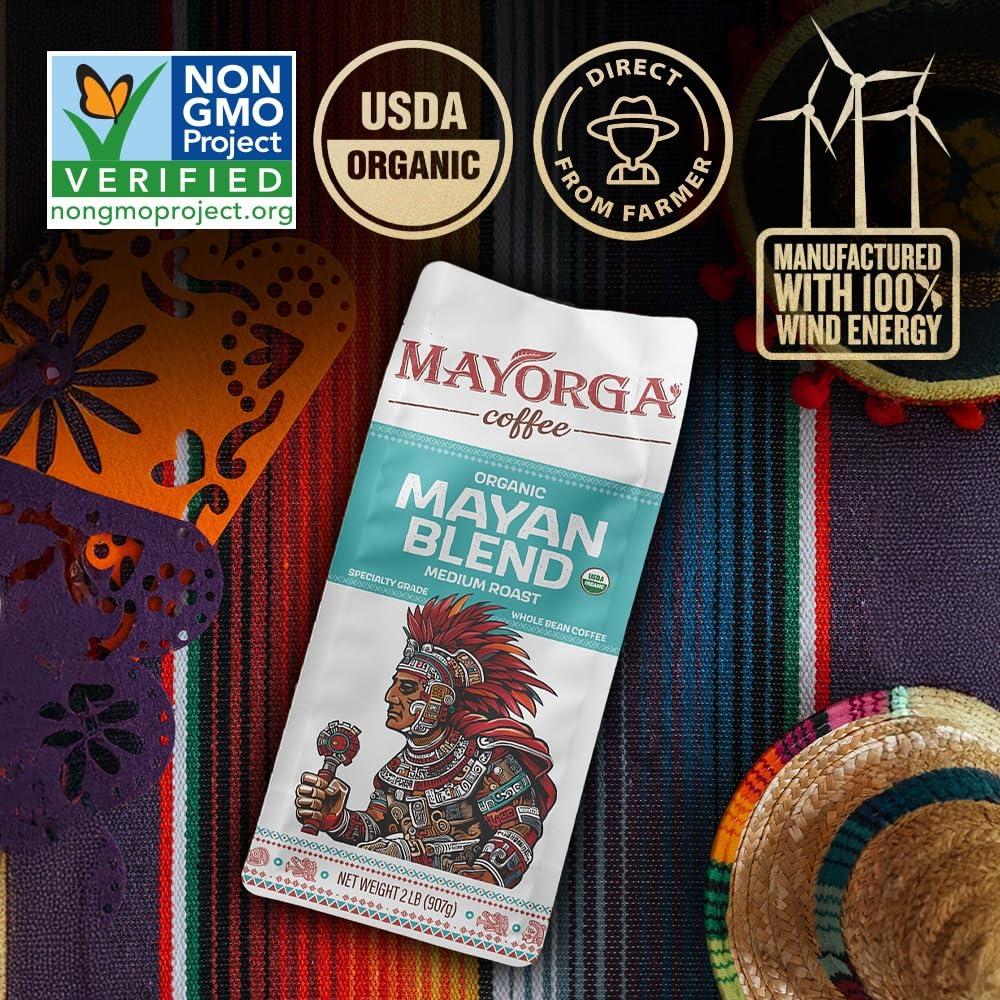 Mayorga Mayorga Medium Roast Whole Bean Coffee, 2 lb bag - Mayan Blend Organic Coffee Roast - Direct Trade, Specialty Grade, Non-GMO 100% Arabica Coffee Beans