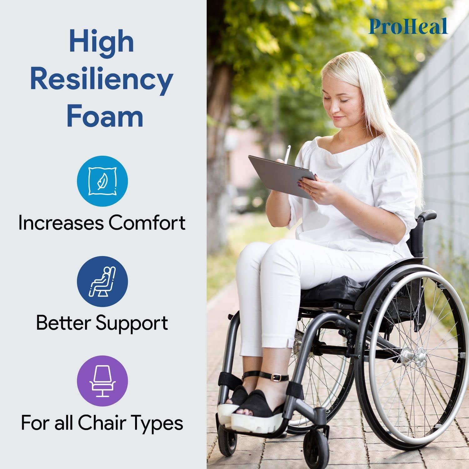 ProHeal Gel Coccyx Wheelchair Seat Cushion - Tailbone Pressure and Pain Relief - Gel Infused High Density and Resilient Foam with Coccyx Cut Out - 18\" x 16\" - 2 Low Profile - 1 Year Warranty