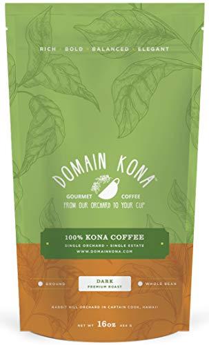 Domain Kona Gourmet Coffee 100% Kona Coffee – Whole Bean, Dark roast, Single estate gourmet coffee, 16 ounces, Ships direct from Domain Kona, farm fresh