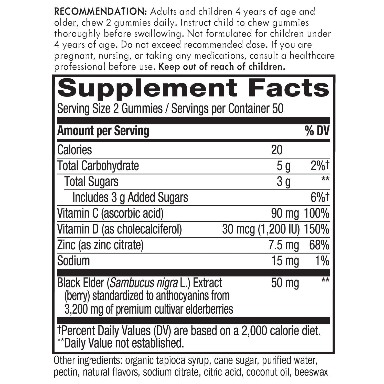 Nature's Way Nature\'s Way Sambucus Elderberry Gummies - Immune Support Supplement for Kids & Adults* - With Vitamins C, D3, Zinc & Antioxidant Support* - Gluten Free & Vegetarian - 100 Gummies