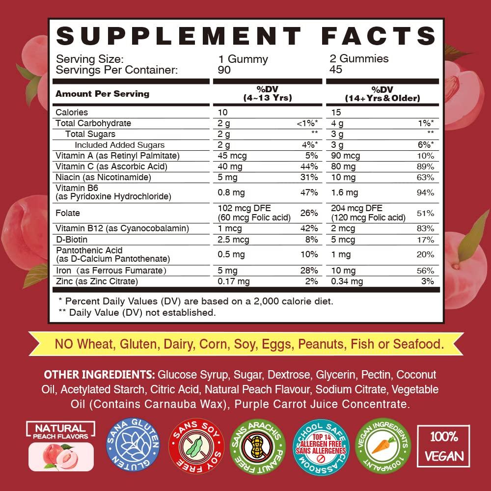 VEGEPOWER Iron Gummies Supplements for Women & Kids - Multivitamin with Iron for Blood Oxygen, Great Tasting Iron Gummy Vitamins with Vitamin C for Max Absorption - Vegan Iron Chewable, Peach Flavor(3 Packs)