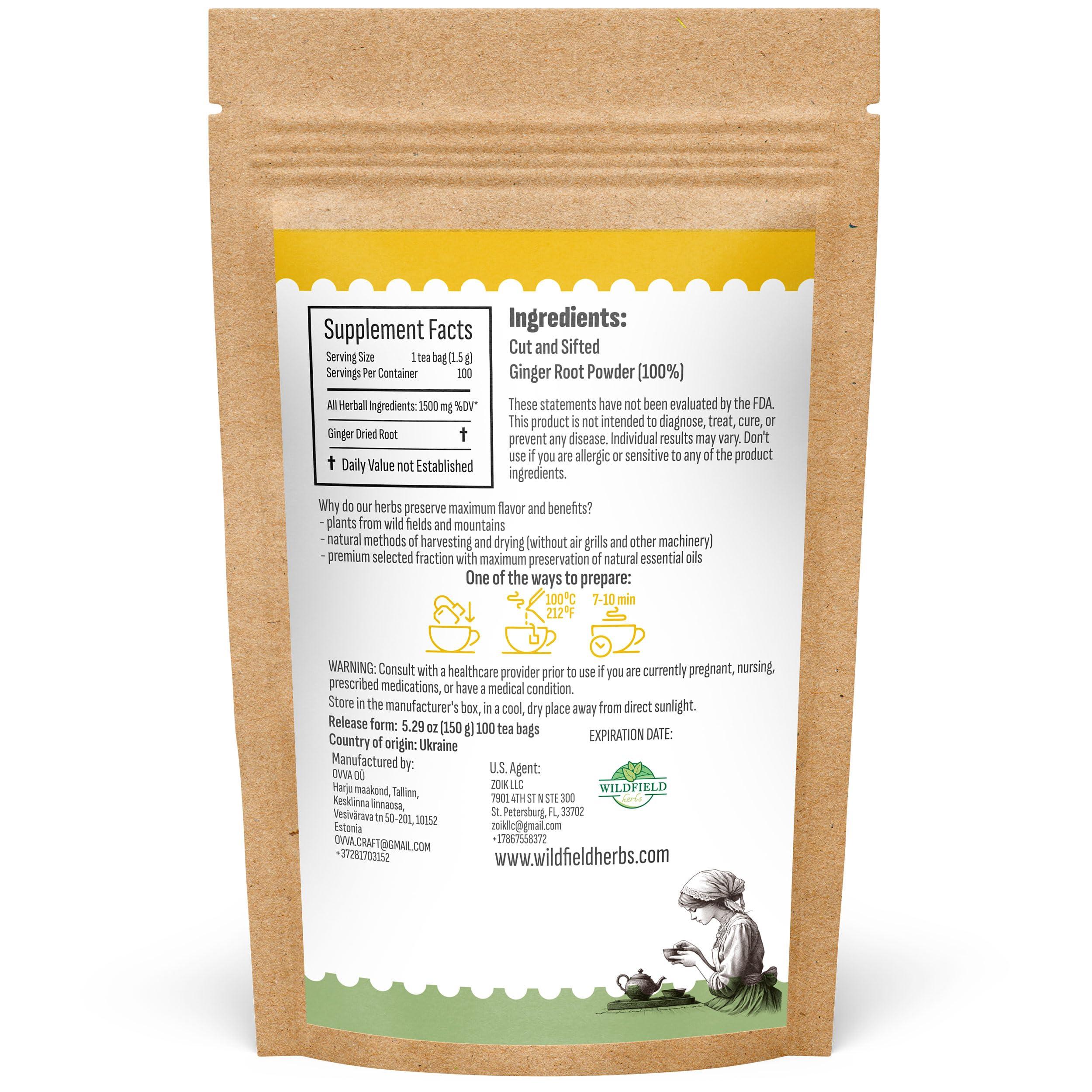 WILDFIELD HERBS 100 Ginger Tea Bags Ginger Root Tea Dry Dried Herb (Zingiber officinale) - 100 Count 1.5g Tea Bags Ginger Raz de jengibre