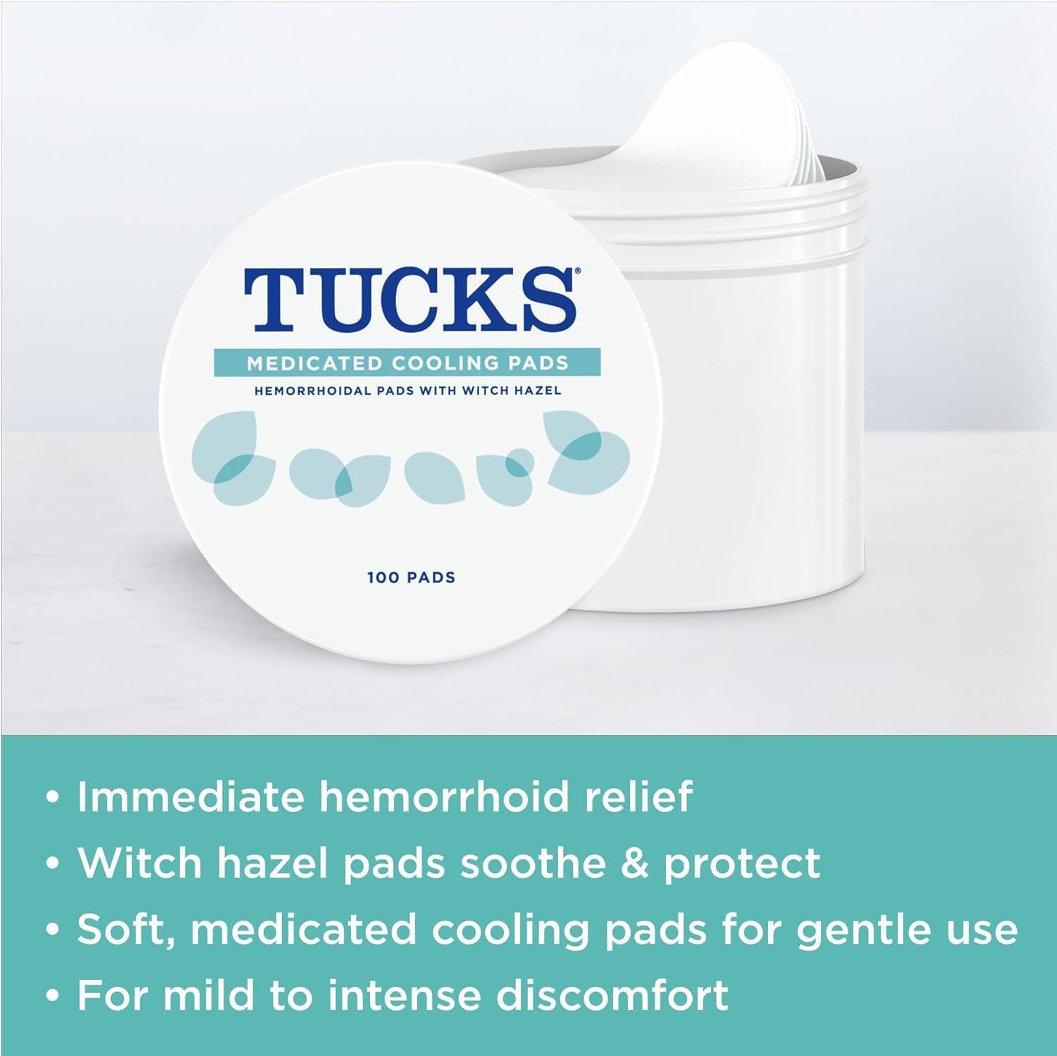 TUCKS TUCKS Medicated Cooling Pads, 100 Count Pads with Witch Hazel, Cleanses Sensitive Areas, Protects from Irritation, Hemorrhoid Treatment, Medicated Pads Used by Hospitals