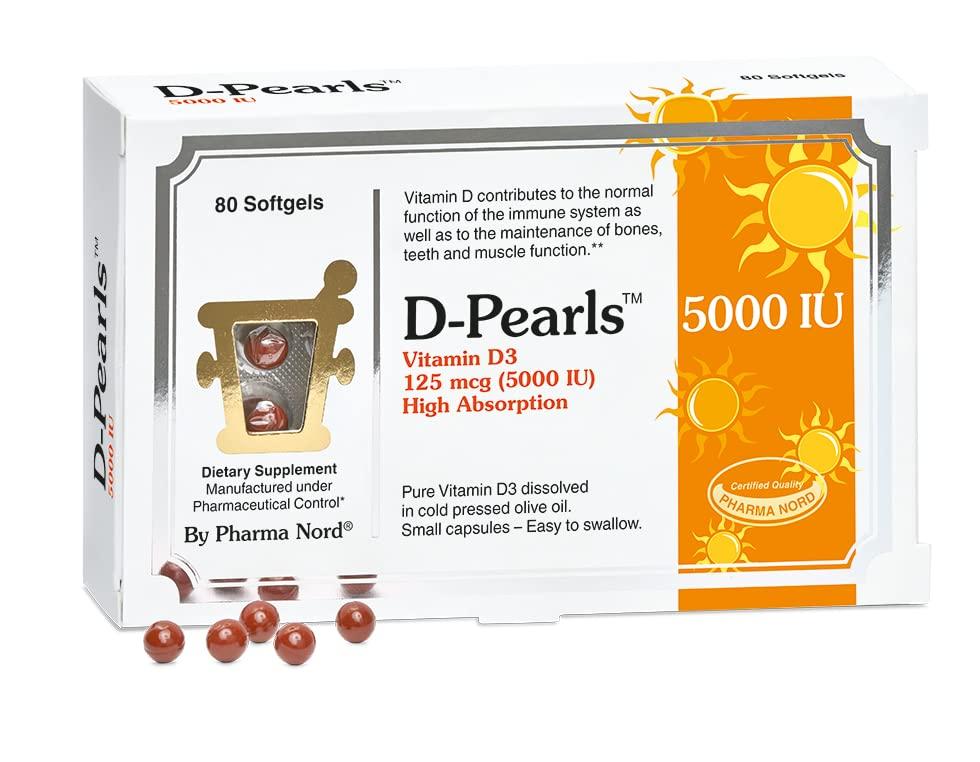 Pharma Nord D-Pearls Vitamin D3 5000 IU (125mcg) | Easy-to-Swallow | Chosen for Major Immune Study [1] | Active Vitamin D Supplement in Cold-Pressed Olive Oil for Immune Support, Teeth, Muscle and Bone Health