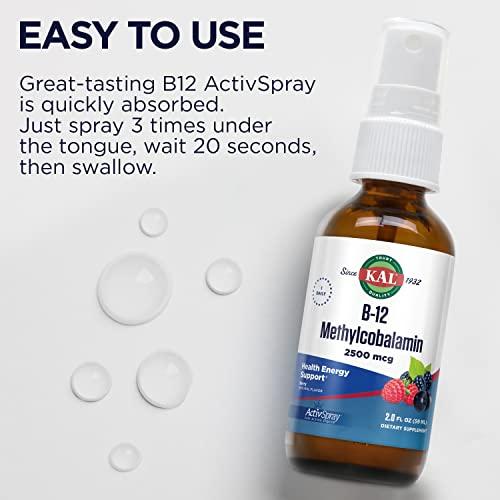 KAL KAL Vitamin B12 Methylcobalamin ActivSpray 2500mcg, Healthy Energy, Metabolism, Nerve & Red Blood Cell Support,* Fast-Acting Liquid B12, Maximum Absorption, Natural Berry Flavor, 80 Servings, 2 fl oz