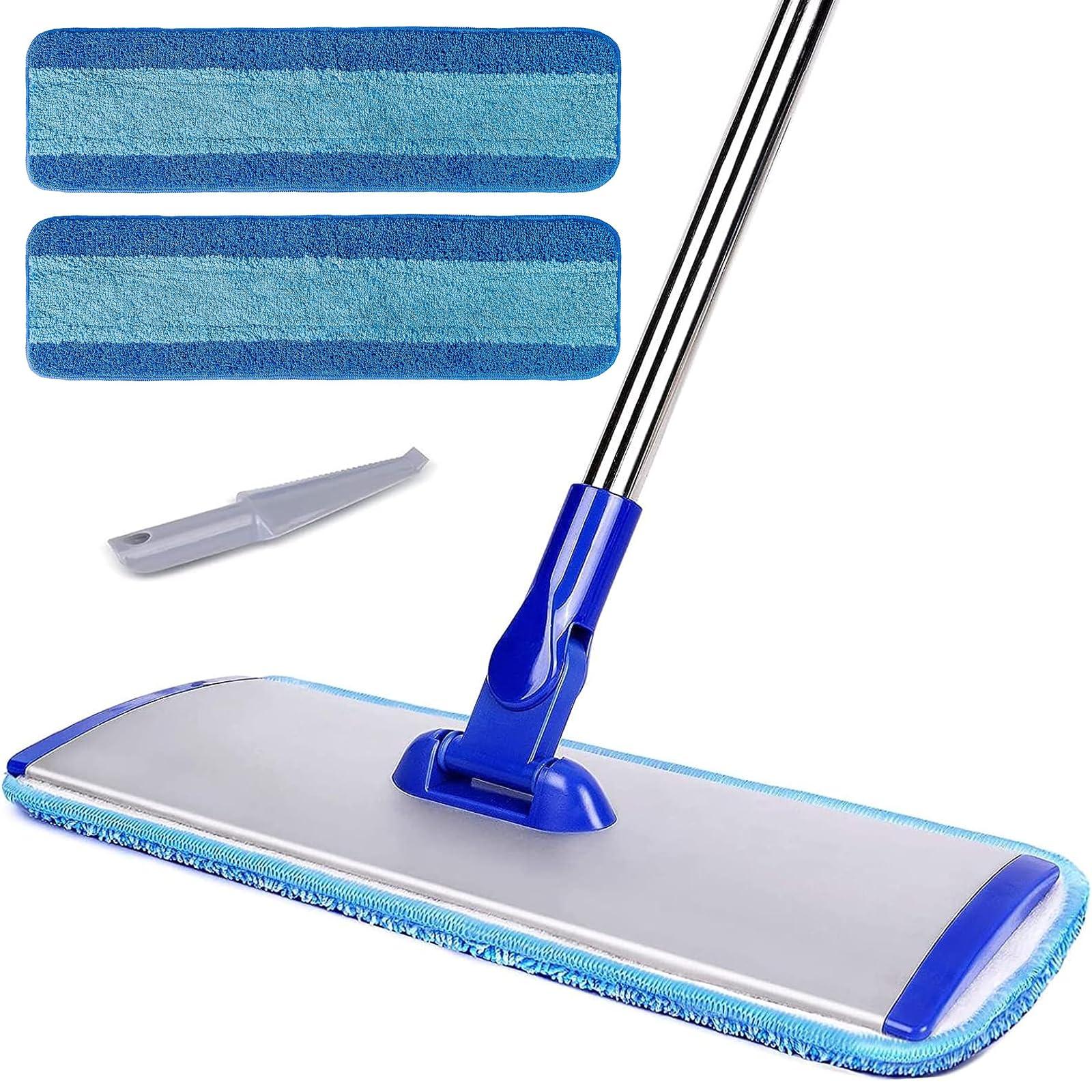 Bryquelin 18\" Professional Microfiber Mop Floor Cleaning mop, Flat Mop with Stainless Steel Handle,2 Reusable Washable Mop Pads and mop Pads Brush,Microfiber Mop for Hardwood, Laminate (Blue)