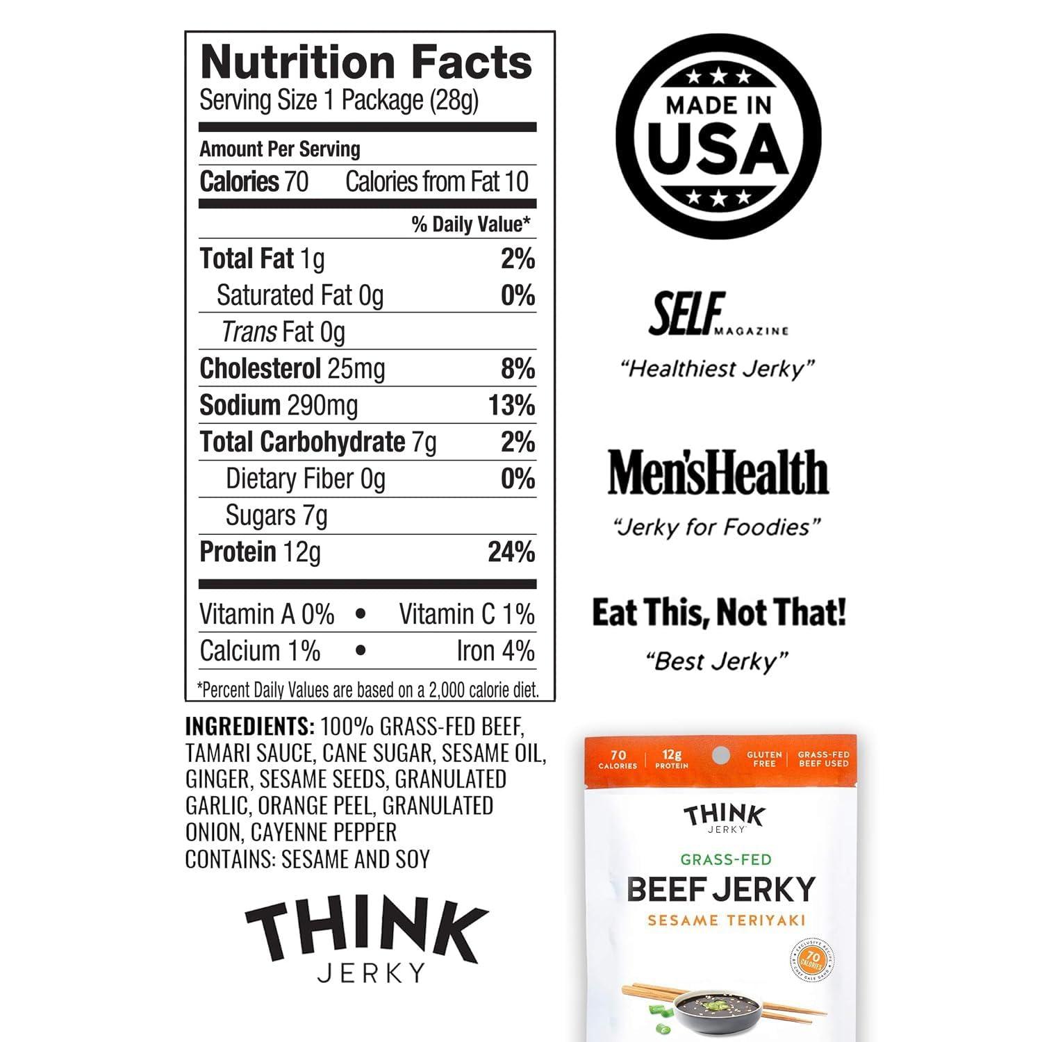 Think Jerky Think Jerky, Beef and Turkey Jerky Variety Pack (1.0 Ounce Bags, Pack of 8) Contains 2 Bags of Each: Classic Beef Jerky, Sweet Chipotle Beef Jerky, Sriracha Honey Turkey Jerky, and Sesame Teriyaki Beef Jerky - Healthy Jerky Snack, Low Calorie, Low Fa