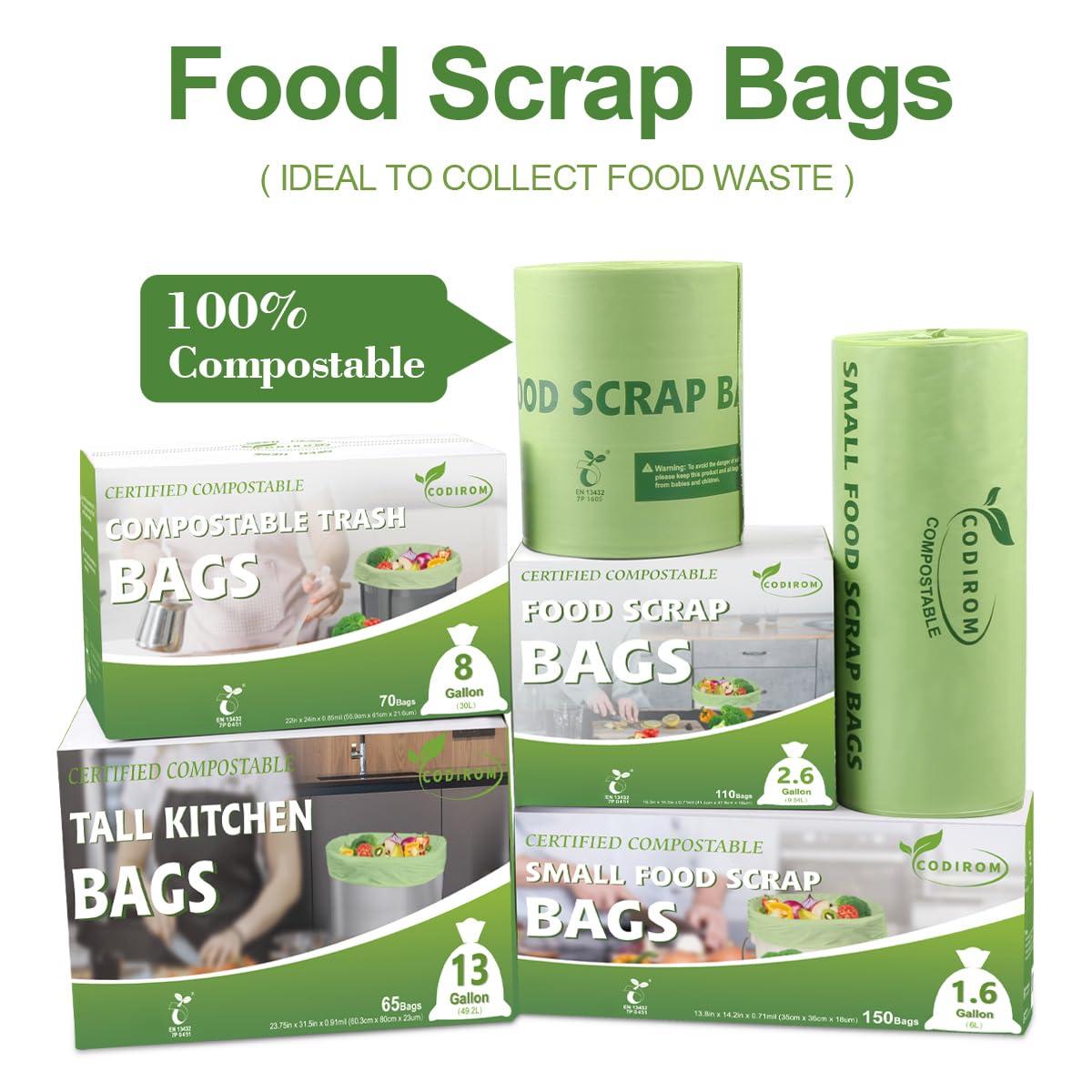 Codirom 100% Compostable Trash Bags, 13 Gallon, 49.2 Liter, 0.91 Mils, 65 Count Kitchen Tall Food Scrap Compost Bags for Tall Kitchen Trash Cans with Europe EN13432 Certified