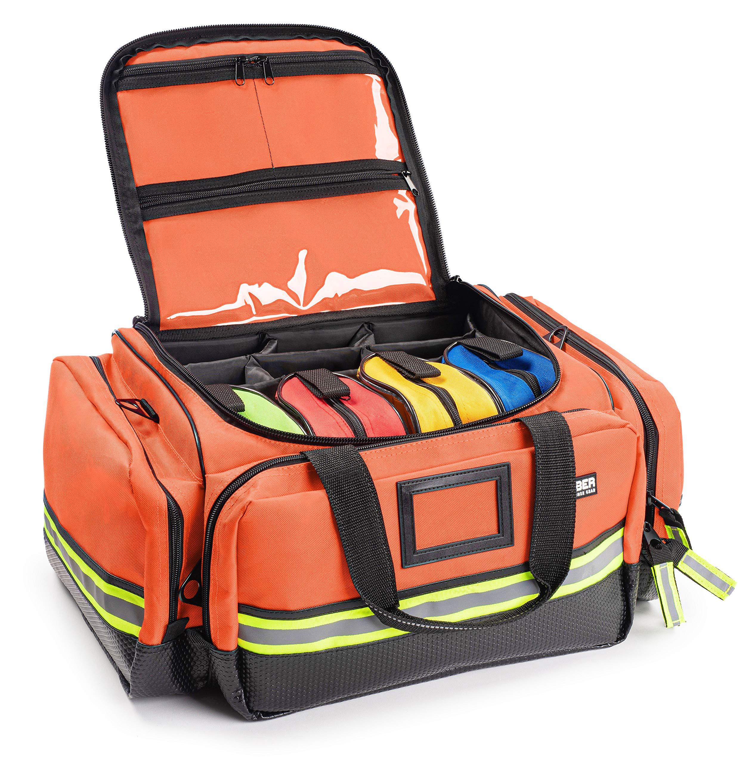 Scherber Scherber Fully-Stocked First Responder Professional Advanced EMT/EMS Trauma Kit | HSA/FSA Approved | Reflective Bag w/10+ Compartments, Zippered Pockets & 250+ First Aid Supplies (Orange)