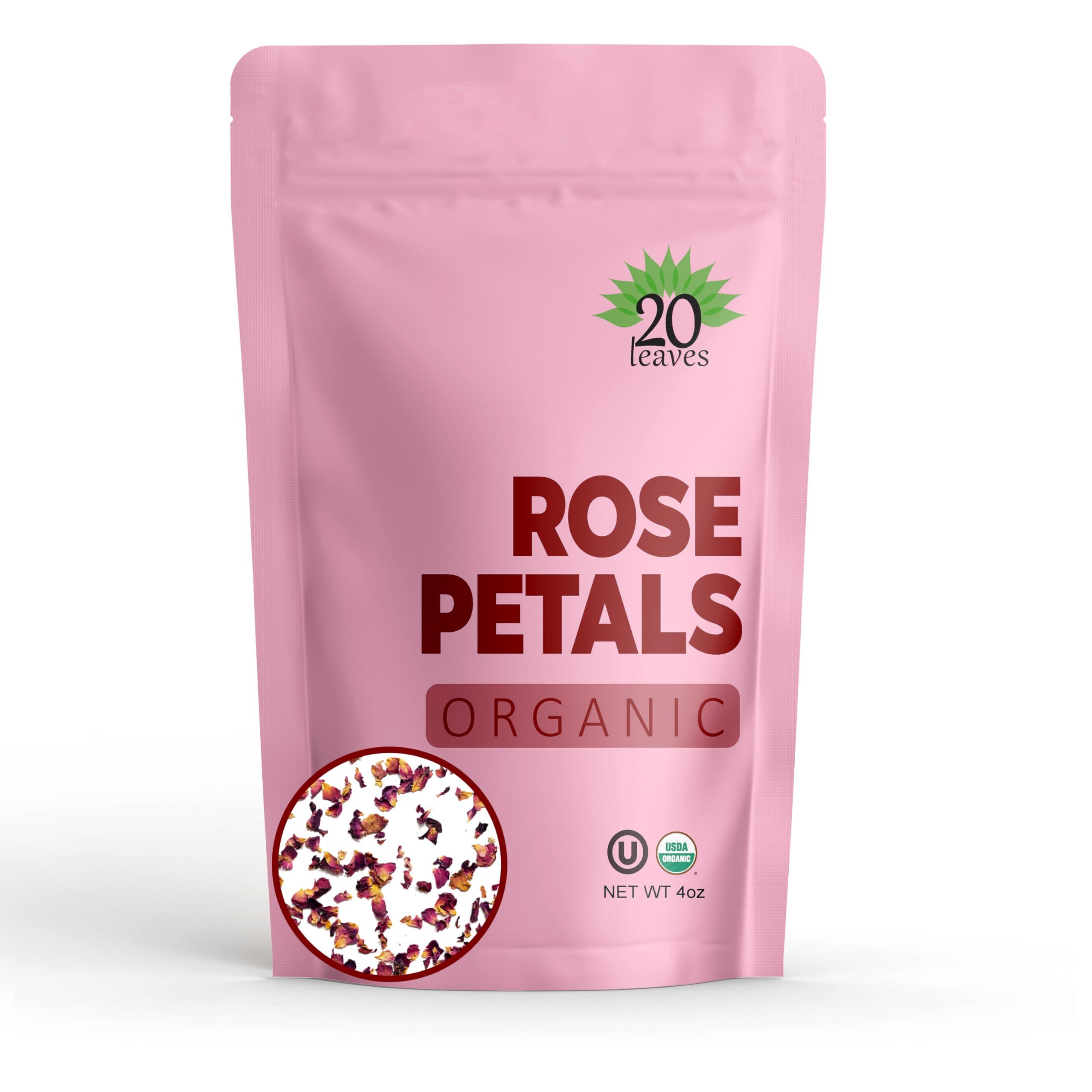 20 Leaves Dried Rose Petals - 100% Certified Organic - Herbs - Red Rose Petals for Loose Leaf Tea, Cocktails and Cakes - 4oz Resealable Bag - 1 Pack