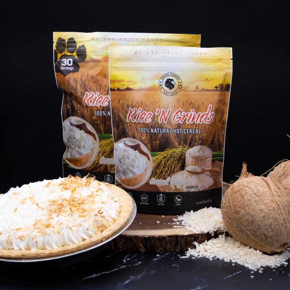 Pride Foods est 2018 Pride Foods Rice \'N Grinds Hot Cereal - Gluten-Free, Non-GMO, Vegan-Friendly, Natural Rice Breakfast, Quick & Easy Hot Meal, Low-Fat Comfort Food, 30 Servings, Coconut Cream Pie