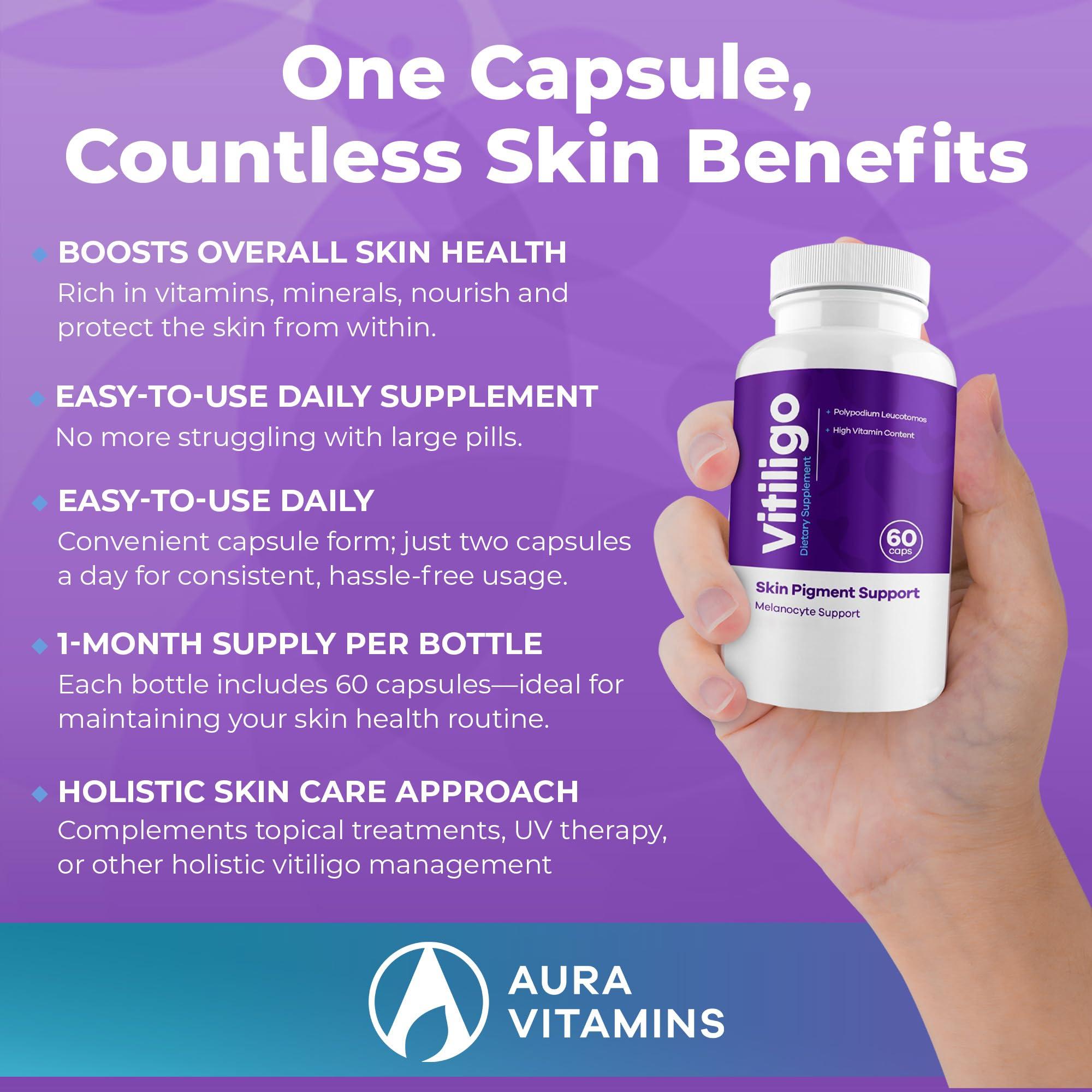 AURA VITAMINS AURA VITAMINS - Vitiligo Capsules 60 Count | 1 Month | Improve Skin Pigmentation Support and Reduce White Spots | Effective Vitiligo Supplement | Natural Solution for White Spots on Skin. (1)