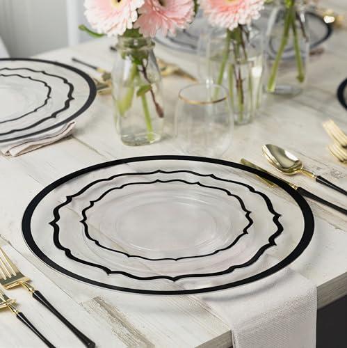 PLASTICPRO PLASTICPRO 32 Pack Elegant Disposable Plastic Plates Combo Set Includes 16 Dinner Plates and 16 Salad Plates Heavy Duty Fancy Party Plates Clear & Black Contemporary Design