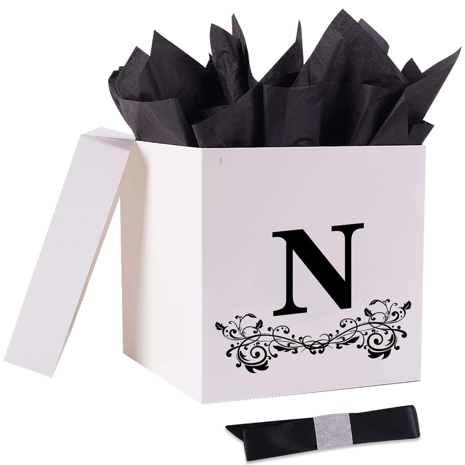 Jaywayang Jaywayang Letter Gift Box with Lid, Ribbon and Warpping Tissue, 8.7\" White and Black Gift Box for Men Women Birthday, Baby Shower, Anniversary, Wedding Party Favor Christmas Decorative (Medium Letter N)