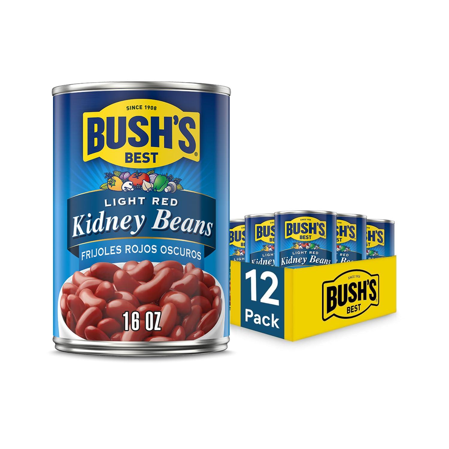 Bush's Best BUSH\'S BEST 16 oz Light Red Kidney Beans, Canned Beans, Kidney Beans Canned, Source of Plant Based Protein and Fiber, Low Fat, Gluten Free, (Pack of 12)