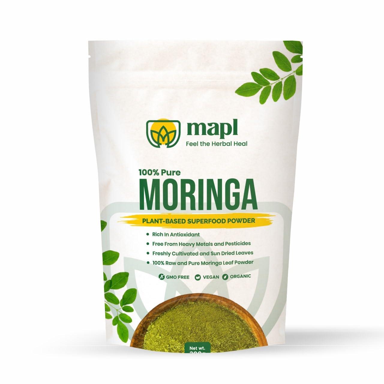MAPL MAPL Pure Moringa Oleifera Powder | 100% Natural Ayurvedic Plant Based Dried Drumstick Tree Leaves | Raw & Natural, Rich in Nutrients, Blended for Skin & Hair Natural Ingredients | 200 Gram (7 Ounces)