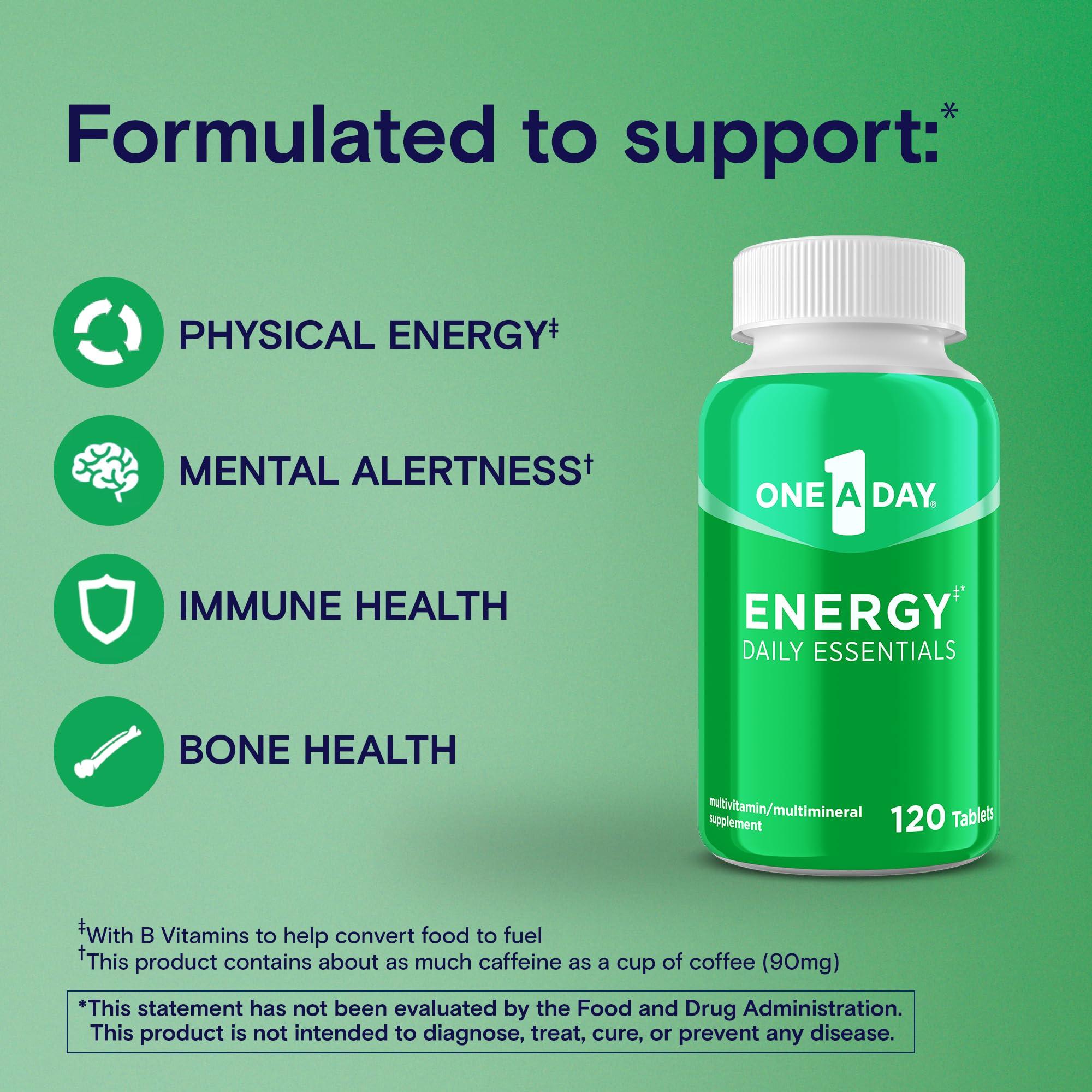 ONE A DAY One A Day Energy Daily Essentials Multivitamin, Energy Supplement to Support Physical Energy & Mental Alertness Support with Vitamin B6, Vitamin B12, Caffeine & Folic Acid, 120 Count