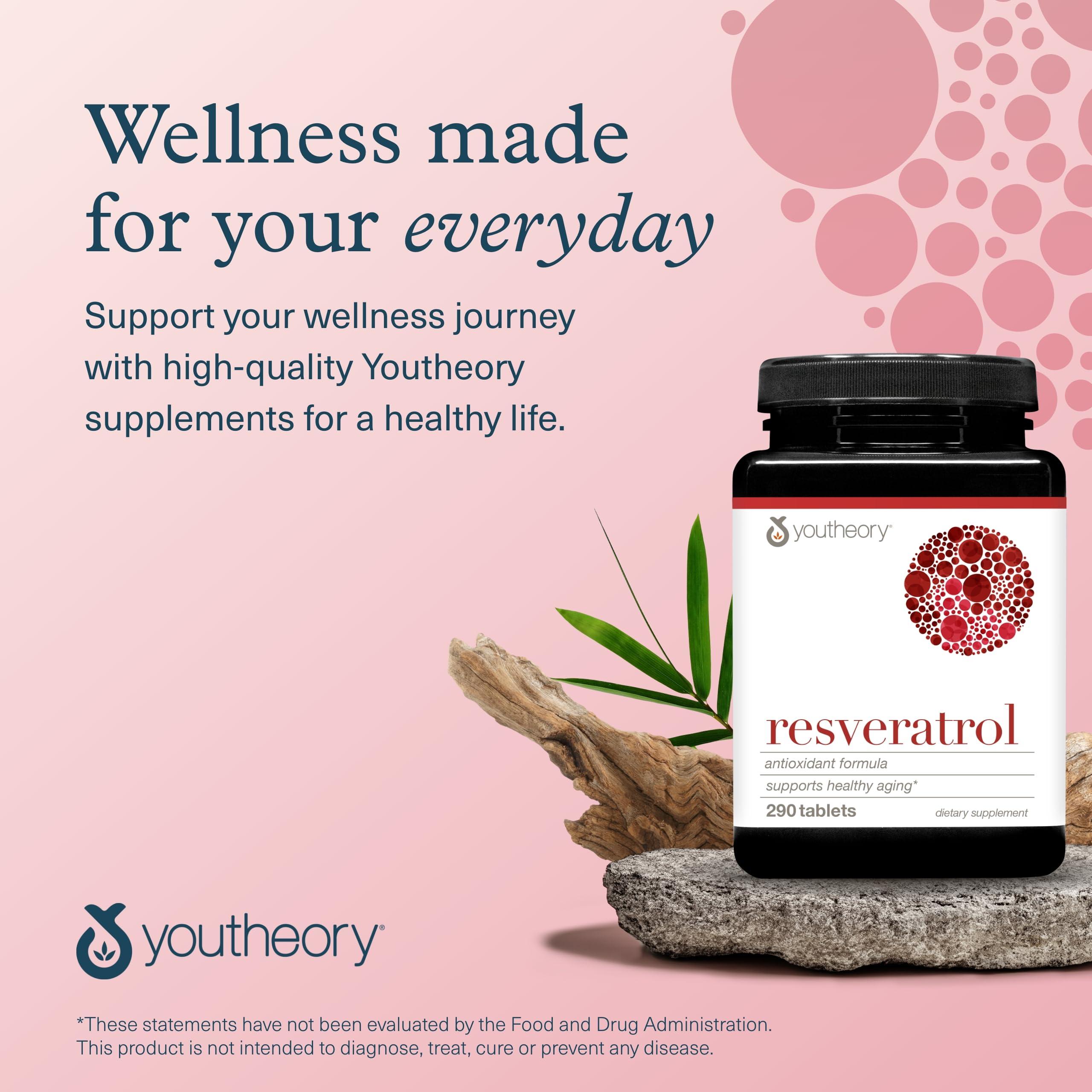 Youtheory Youtheory Resveratrol Advanced Antioxidant Formula - Premium Antioxidant Supplement with Super-Fruit Blend - Contains ResVida - Dairy, Soy & Gluten Free - 290 Tablets