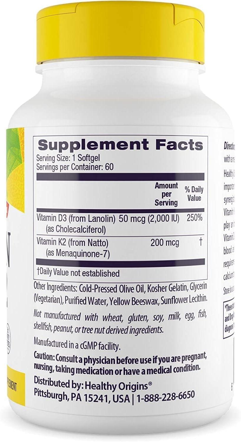 Healthy Origins Healthy Origins Vitamin D3 & K2 - Vitamin D3, 50 mcg - Vitamin K2, 200 mcg - Easily Absorbable Vitamin D & Vitamin K Supplements - Non-GMO & Gluten-Free Supplements - 60 Softgels